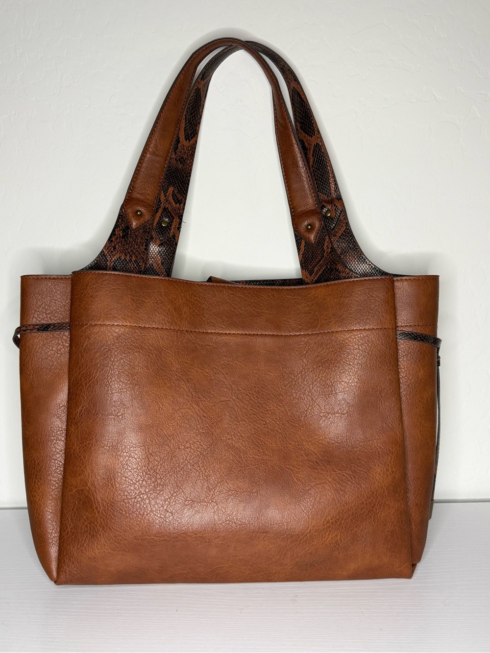 Classic Brown Leather Tote Bag with Snakeskin-Trim Handles